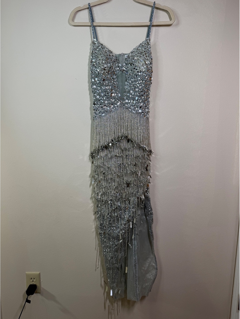 Silver Beaded Fringe flapper formal sequin Dress Size Small